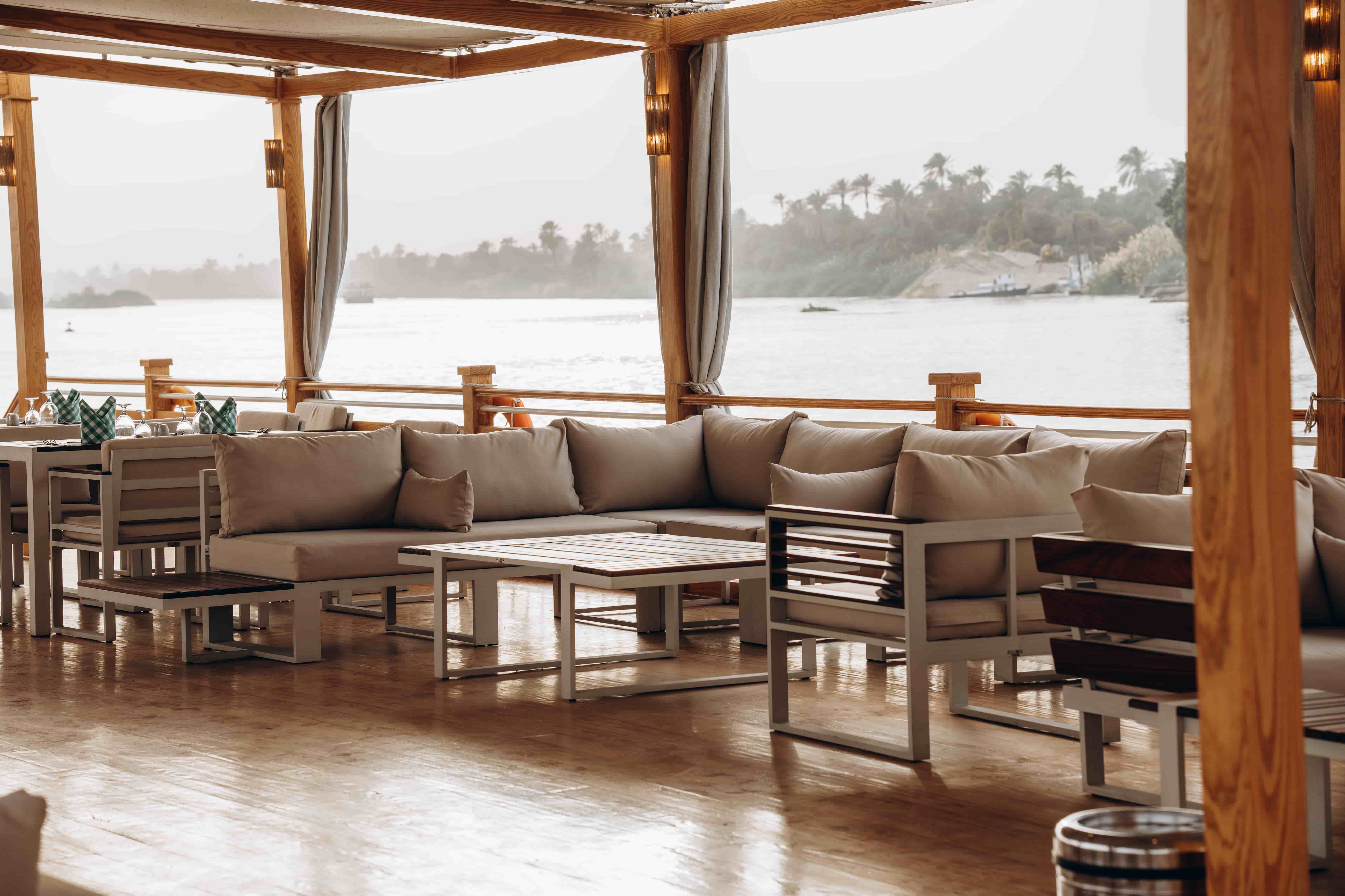 Shaded sun-deck lounge aboard La Rose Dahabiya